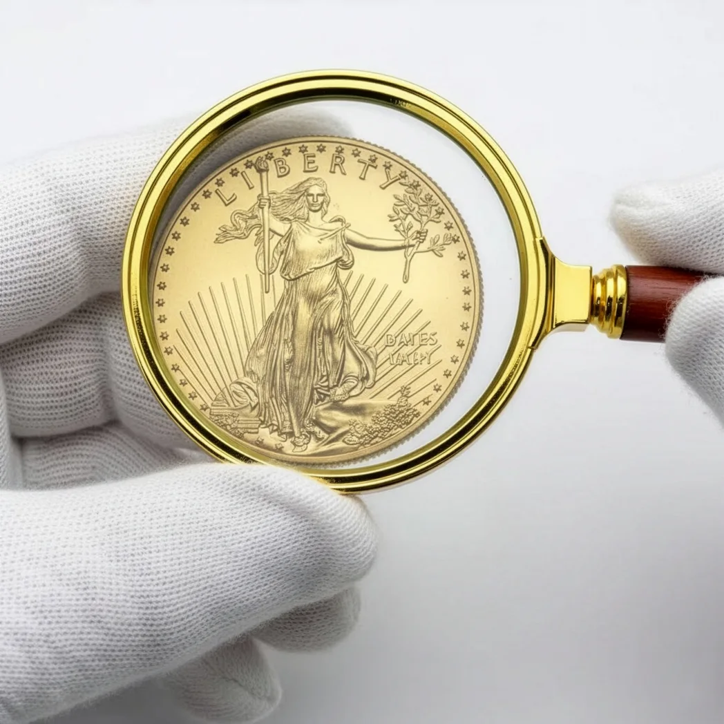 Magnifying Glass Inspecting Gold American Eagle Coin