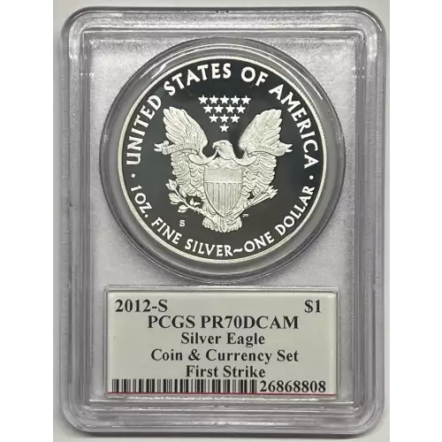 2012 S Silver Eagle Proof PCGS PR-70 Coin & Currency Set FSJohn Mercanti (2)