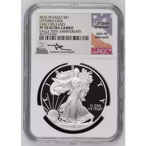 2016 W SILVER EAGLE LE 30TH ANNIVERSARY PF70 ULTRA CAMEO SIGNED BY JOHN MERCANTI (2)