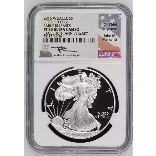 2016 W SILVER EAGLE LE 30TH ANNIVERSARY PF70 ULTRA CAMEO SIGNED BY JOHN MERCANTI