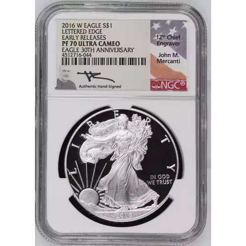 2016 W SILVER EAGLE LE 30TH ANNIVERSARY PF70 ULTRA CAMEO SIGNED BY JOHN MERCANTI