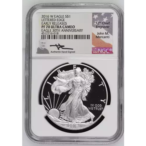 2016 W SILVER EAGLE LE 30TH ANNIVERSARY PF70 ULTRA CAMEO SIGNED BY JOHN MERCANTI