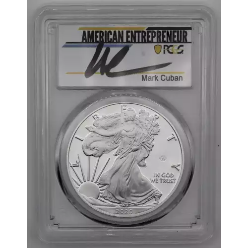 2020-W Silver Eagle Proof End of World War 2 V75 Privy PCGS PR70DCAM First Day of Issue. Signed by American Entrepreneur Mark Cuban 
Mintage: 75,000

Includes PCGS Slabbed Certificate of Authenticity