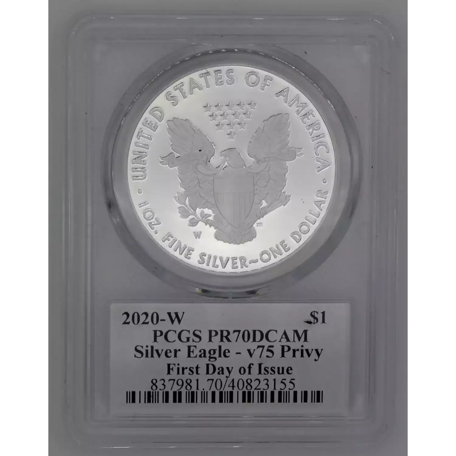 2020-W Silver Eagle Proof End of World War 2 V75 Privy PCGS PR70DCAM First Day of Issue. Signed by American Entrepreneur Mark Cuban 
Mintage: 75,000

Includes PCGS Slabbed Certificate of Authenticity (2)