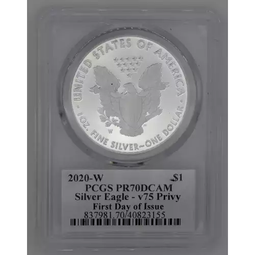 2020-W Silver Eagle Proof End of World War 2 V75 Privy PCGS PR70DCAM First Day of Issue. Signed by American Entrepreneur Mark Cuban 
Mintage: 75,000

Includes PCGS Slabbed Certificate of Authenticity (2)