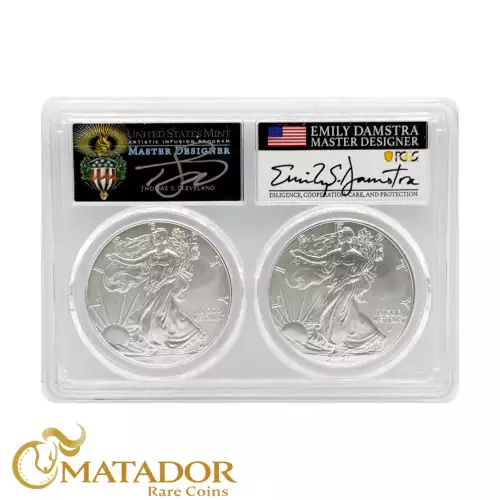 2021 Silver Eagle Set PCGS MS70 FDOI Signed by Damstra & Cleveland (4)