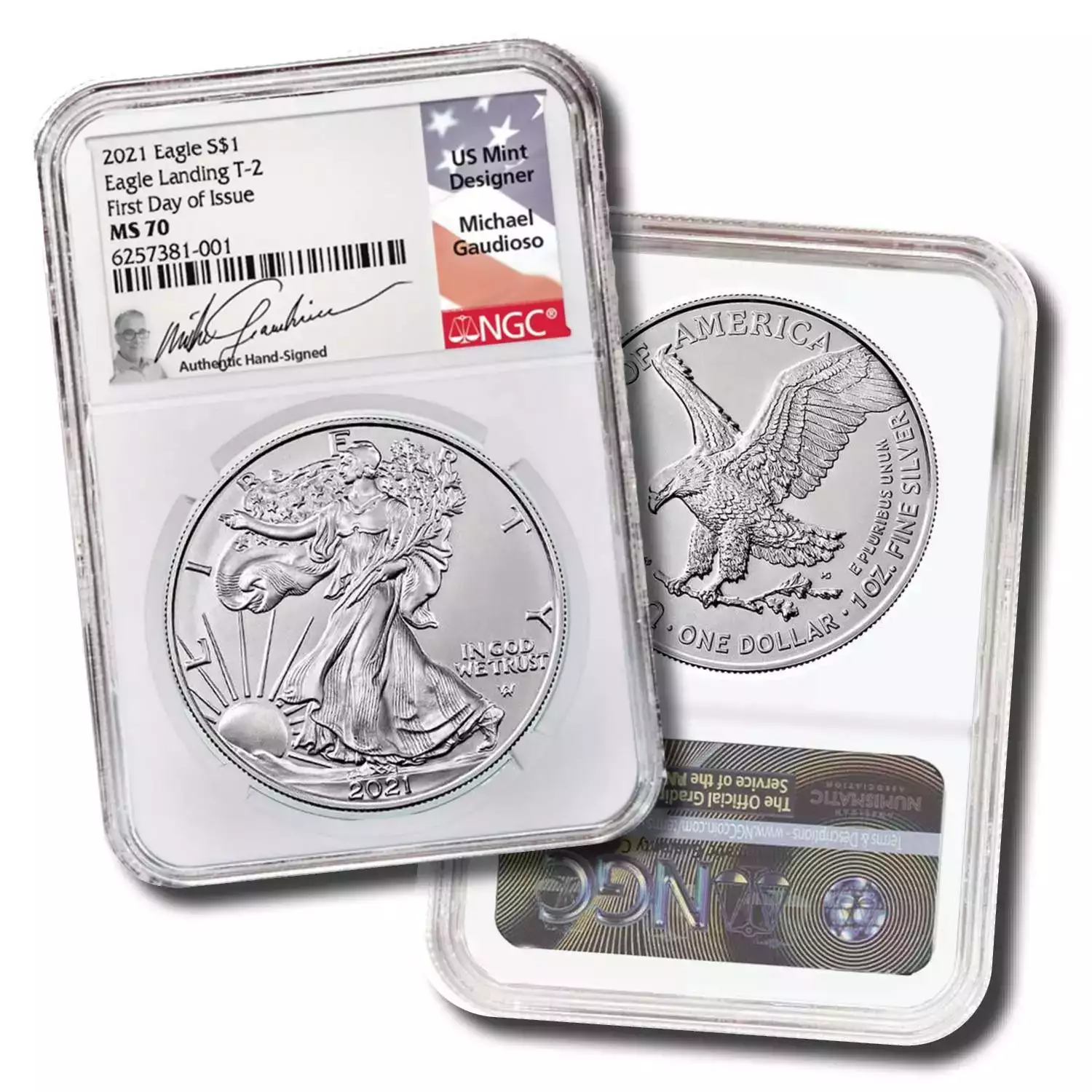 2021 Silver Eagle Type 2 NGC MS70 First Day of Issue Signed by Michael Gaudioso