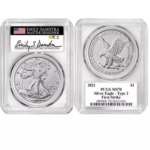 2021 Silver Eagle Type 2 PCGS MS70 First Strike Signed by Emily Damstra