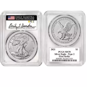 2021 Silver Eagle Type 2 PCGS MS70 First Strike Signed by Emily Damstra