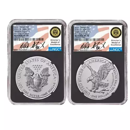 2021-S/W T1&T2 Silver Eagle Reverse PF 2 Coin Designer Edition Set NGC RP70 FDOI Signed by Miles Standish