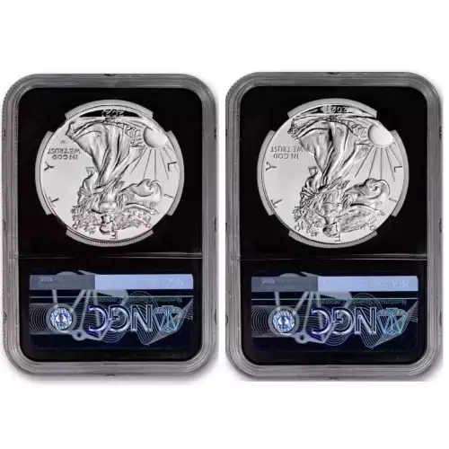 2021-S/W T1&T2 Silver Eagle Reverse PF 2 Coin Designer Edition Set NGC RP70 FDOI Signed by Miles Standish (2)