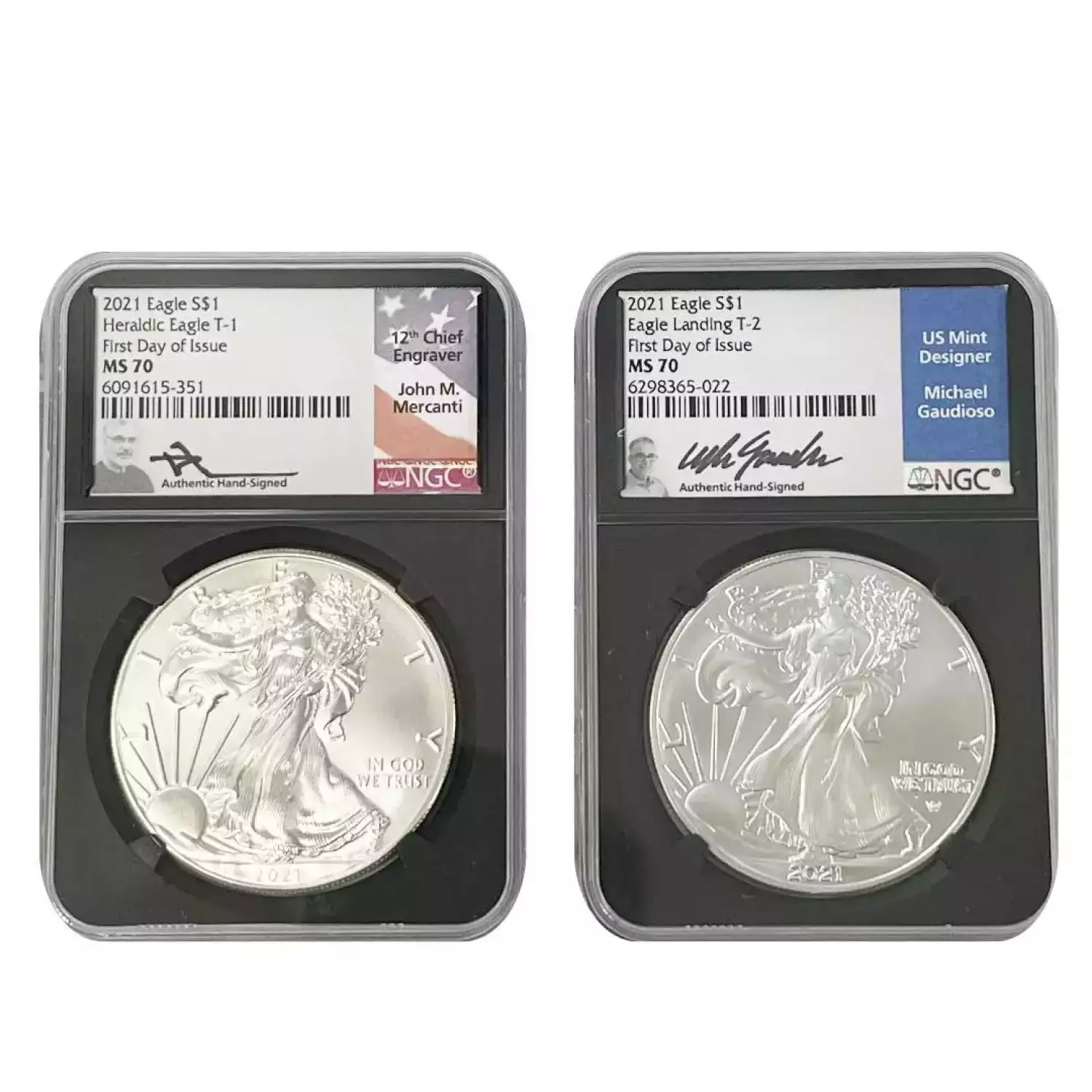 2021 Type 1 & Type 2 Silver Eagle 2 Coin Set Signed by John Mercanti & Michael Gaudioso NGC MS70 FDOI