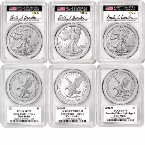 2021-W T2 $1 3 Coin Silver Eagle Set Signed by Designer Emily Damstra PCGS 70 First Strike (Includes MS70, PR70,SP70)