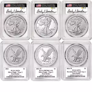 2021-W T2 $1 3 Coin Silver Eagle Set Signed by Designer Emily Damstra PCGS 70 First Strike (Includes MS70, PR70,SP70)