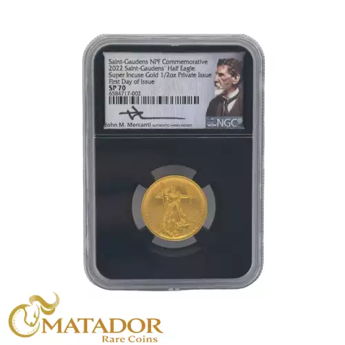 2022 Gold Saint Gaudens Half Eagle Super Incuse 1/2oz .9999 Fine Gold NGC Certified SP70, Signed by John Mercanti
 (2)