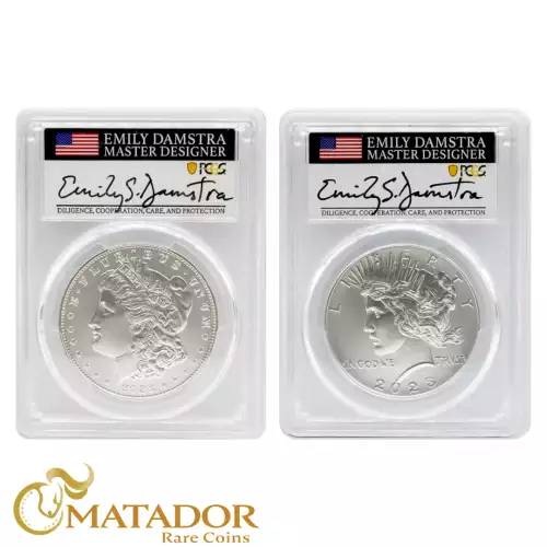 2023 $1 Morgan and Peace Dollar Set PCGS MS70 Advanced Release Signed by Emily Damstra (2)