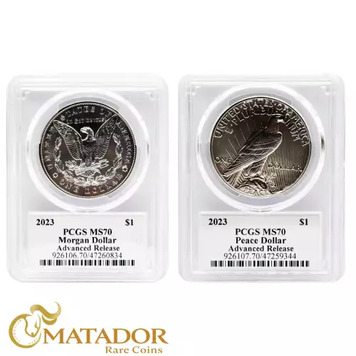 2023 $1 Morgan and Peace Dollar Set PCGS MS70 Advanced Release Signed by Emily Damstra