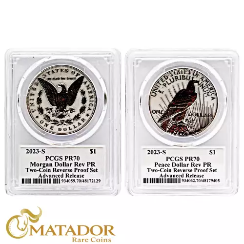 2023-S $1 Morgan and Peace Dollar Reverse Proof Set PCGS PR70 Advanced Release Signed by Emily Damstra   (2)