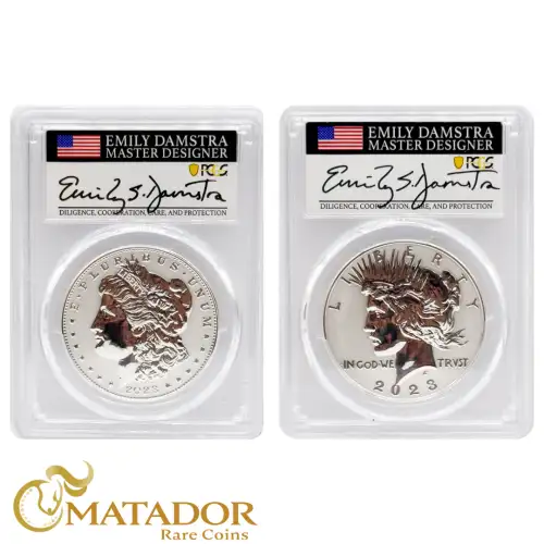 2023-S $1 Morgan and Peace Dollar Reverse Proof Set PCGS PR70 Advanced Release Signed by Emily Damstra