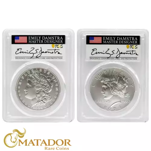 2024 $1 Morgan and Peace Dollar Set PCGS. Perfect Mint State 70, Limited Edition Advanced Release Label. Signed by United States Mint Designer Emily Damstra (2)