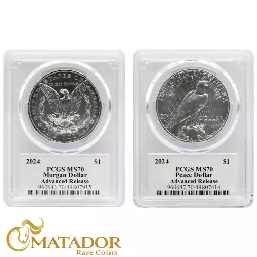 2024 $1 Morgan and Peace Dollar Set PCGS. Perfect Mint State 70, Limited Edition Advanced Release Label. Signed by United States Mint Designer Emily Damstra