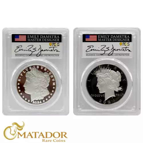 2024-S $1 Morgan and Peace Dollar Proof Set PCGS PR70 Advanced Release Signed by Emily Damstra (2)