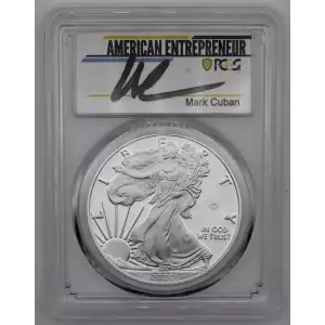 2020-W Silver Eagle Proof End of World War 2 V75 Privy PCGS PR70DCAM First Day of Issue. Signed by American Entrepreneur Mark Cuban 
Mintage: 75,000

Includes PCGS Slabbed Certificate of Authenticity